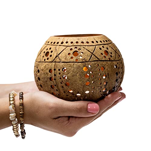Jollifers Coconut Shell Candle Holders - Set Of 3 Tropical Decor Coconut Candles For Table Centrepieces - Natural & White Candle Coconuts For Tiki Decor, Luau Decorations Or Hawaiian Table Decorations #TOP2