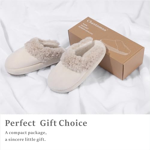 Chantomoo Slippers for Women and Men Memory Foam House Shoes Faux Suede Upper Rubber Sole Faux Fur Lining Warm Comfy Indoor Fuzzy Slippers Beige Size7 8 6.54