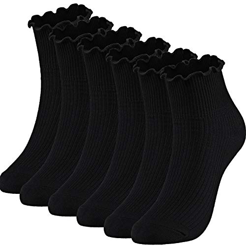 Women Ankle Socks Knit Cotton Lace Ruffle Socks Solid Color Casual Socks, 6 Pair (Black)