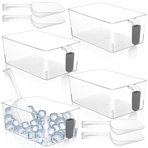 2 Set Ice Storage Bins for Freezer with Lid and Flexible Scoop, Transparent Plastic Ice Container with Pull-Out Handle Kitchen Food Storage Organizer for Home Office Fridge Kitchen