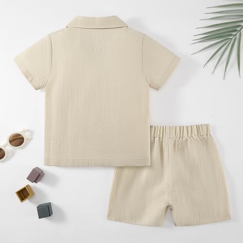 Weixinbuy Baby Boy Clothes Set Toddler Summer Outfit Cotton Linen Short Sleeve T-Shirt Top Pocket Button-Down Shirt Short Set2