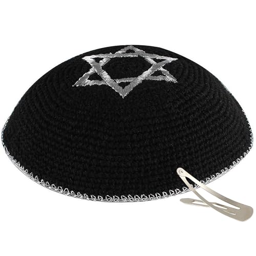Zion Judaica Star of David Knit Kippah Quality Weaved Kippot Silver Magen David Yarmulke Symbolic Yamak with Silver Trim Knitted Kipah Srugah Embroidered Hexagram