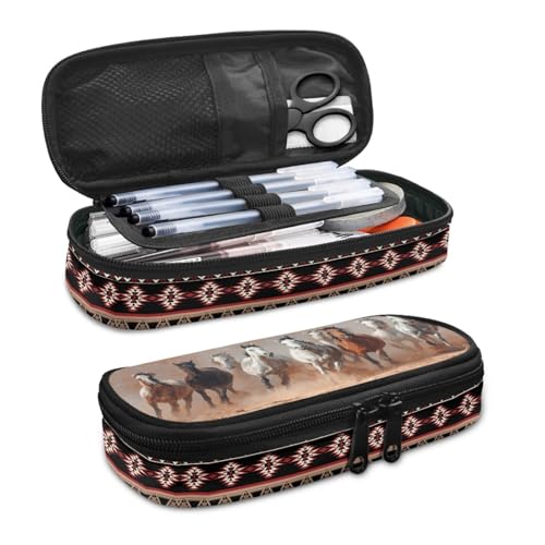 Image of Running Horse Pencil Box Kids School Pencil Case 8.8 inch x 4.1 inch x 1.7 inch Lightweight Pouch Pen Storage Bag with Slots and Mesh Pocket Easy to Organize