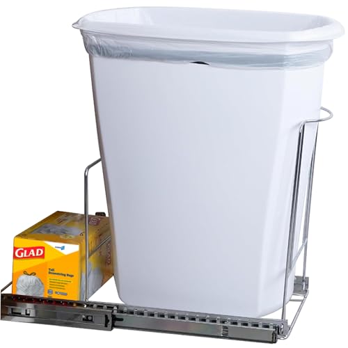 Pull-Out Trash Can for Cabinet -10 Gal / 40 qt – Heavy-Duty Chrome, Smooth Slide with Trash Bag Storage – Fits 11