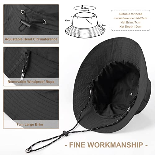 heekpek Bucket Hats Women Mens Waterproof Rain Hats UV Protection Sun Hat Packable Summer Bucket Hats with Adjustable String for Camping Walking Hiking Golf Fishing 54-62CM, Black, One Size