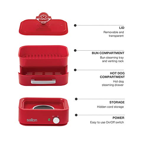 Salton Treats Steamer for Extra Large Authentic Stadium-Style Hot Dogs and Sausages, 8 Hot Dog and 4 Bun Capacity to Steam and Warm Breakfast Sausages, Brats, Vegetables, Fish, 350 Watts, Red (HD1905)