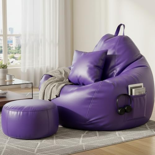 Image of KAM'S LIEU Leatherette Bean Bag Chair with Footrest | Filled with EPS Beans | Comfortable Sofa for Living Room & Bedroom | 4XL Size, Easy to Clean Color- (Purple)