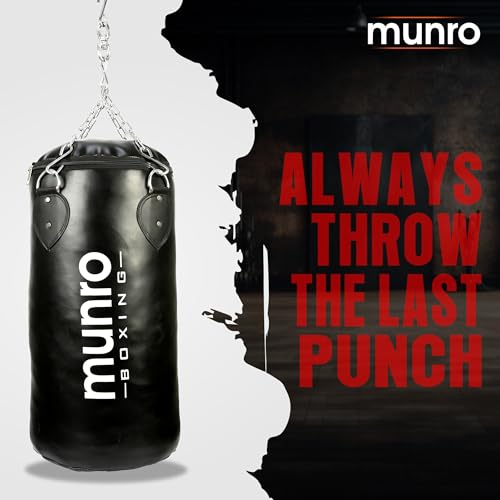 Image of MUNRO Punching Bag Synthetic Leather, Filled PU Boxing Bag, Heavy Duty Punch Bag for Boxing, Martial Arts, Judo, Kickboxing with Rust Free Hanging Chain (Filled- Black, 2.5 Feet)