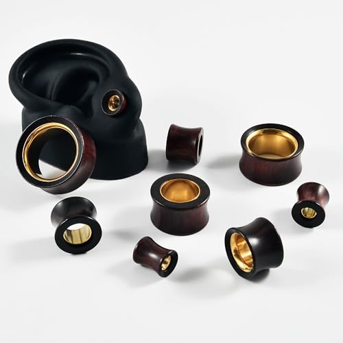 2PCS Hollow Gold Stainless Steel/Sandalwood Two Tone Ear Tunnels Plugs Double Flared Expander Ear Gauges Stretched Piercing Body Jewelry (00g(10mm))