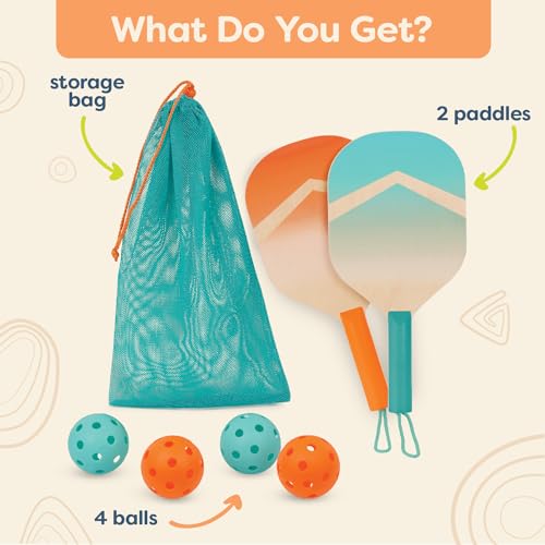 Image of B. toys Kids Pickleball Game, Wooden Paddle Set with Storage Bag, Activity | Includes 2 wooden paddles, 4 pickleballs in blue and orange, and 1 drawstring bag for active outdoor play, Activity, 3+ Years