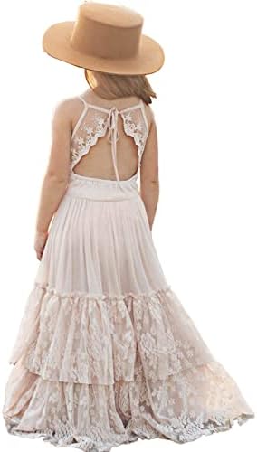 BIBIHOU Girls Lace Back Full-Length Ruffle Princess Layered Tulle Party Holiday Flower Girl Dress,6 Years