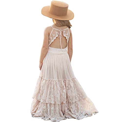 BIBIHOU Girls Kids Lace Back Full-Length Backless Tulle Party Holiday Formal Flower Girl Dress
