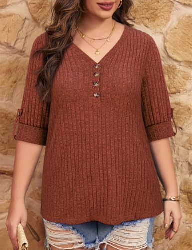 Image of Koscacy Women Plus Size V Neck 3 /4 Roll Sleeve Sweater Casual Knit Tops Solid Color Blouses