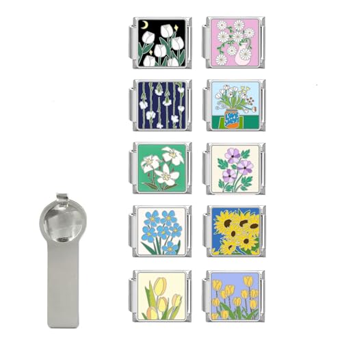 papasgix Italian Charm Bracelet Charms Pack Links Bulk with Opening Tool 9mm Italian Charms 10 Flowers Italian Modular Bracelet Links Handmade DIY Jewelry