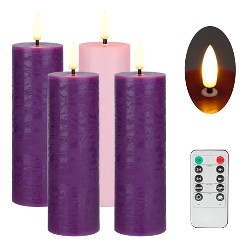 Image of Flameless Advent Candles Set of 4, Real Wax Advent Pillar Candles Battery Operated 9.6 inch, Purple and Pink Christmas LED Candle for Wreath, Christ, Home, Church, Catholic Decoration