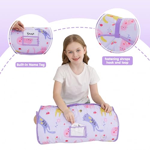 Image of Viviland Toddler Kid Nap Mat for Preschool, Girls Purple Cat Slumber Bag, Daycare Sleeping Bag with Pillow and Blanket, Kindergarten Sleep Mat