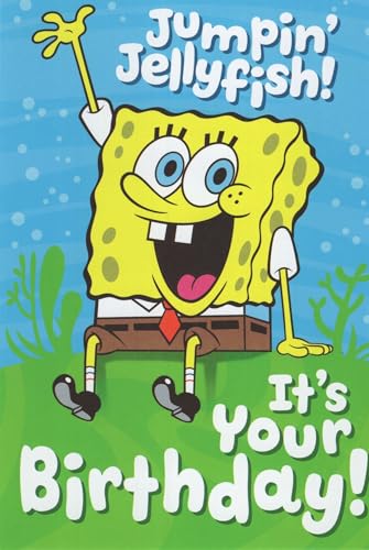 Heartline Spongebob Happy Birthday Greeting Card, Jumpin Jellyfish! It's Your Birthday! Message, Green and Blue, Envelope Included