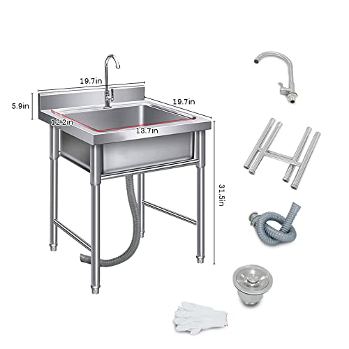 Stainless Steel Commercial Kitchen Sink Single Bowl 1 Compartment With Faucet Free Standing Utility Sink For Restaurant Kitchen Laundry Garage Indoor Outdoor (19.7"W X 19.7"D X 31.5"H) #TOP6