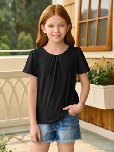 Haloumoning Girls Cross Back Shirts Kids Crewneck Puff Short Sleeve T-Shirt Cute Pleated Tops Tees 5-14 Years2