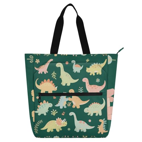 Bolsa de mano de dinosaurio verde con cremallera para material escolar