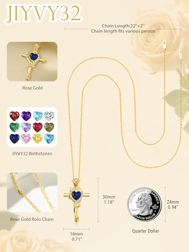 Rose Cross Necklaces for Women, 14K Gold/Rose Gold Cross Jewelry with Birthstone Pendant, Anniversarry Birthday Gifts for Her Wife Mom Grandma, 18+2 Inch Chain2
