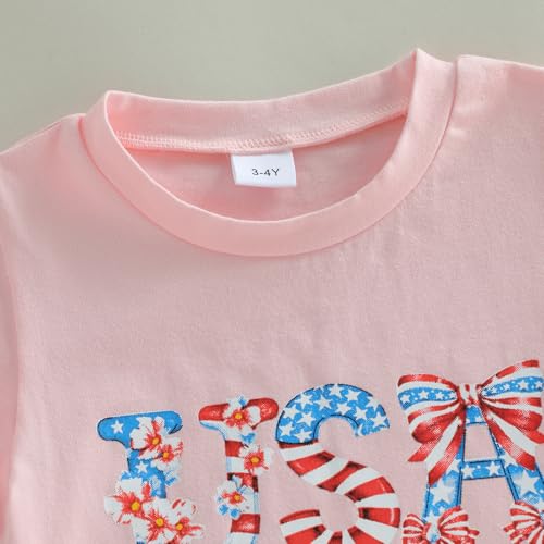 Image of Kids Toddler Girls 4th of July T-Shirt Coquette Bowknot Patriotic USA 250 American Flag Independence Day Top