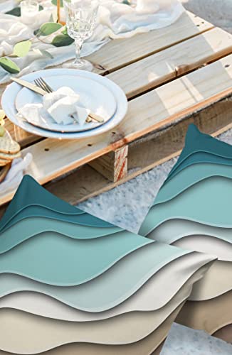 Outdoor Pillow Covers Waterproof, Teal Blue Ombre Cream Throw Pillowcase Decorative Cover, Modern Geometric Brown Aesthetic Garden Cushion Case Set of 2 for Sofa, Couch, Tent, Patio 18