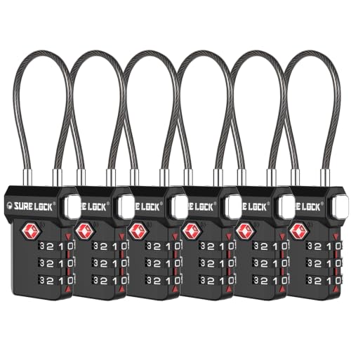 Image of SURE LOCK TSA Approved Luggage Locks with Open Alert Indicator, 3 Digit Combination Cable Travel Lock for Suitcase, Backpack, Gym Locker, Toolbox, Carry On & Travel Bag, BLACK 6 PACK, One Size, Modern
