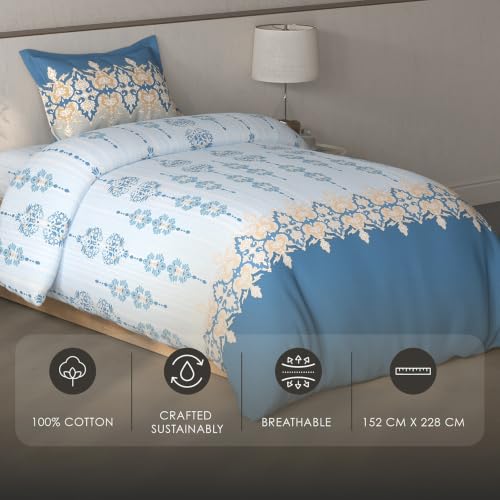 Image of Spaces Fiora Ornate Single Bedsheet with 1 Pillow Covers | 100% Cotton Bed Sheet | Percale Bedding Set | Super Soft & Breathable Bedsheet | Light Blue | 152 x 228 Cm