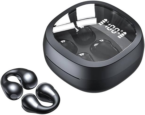 ElecSmart JR01 black earbuds removed from their charging case, showing their unique clip-on shape.