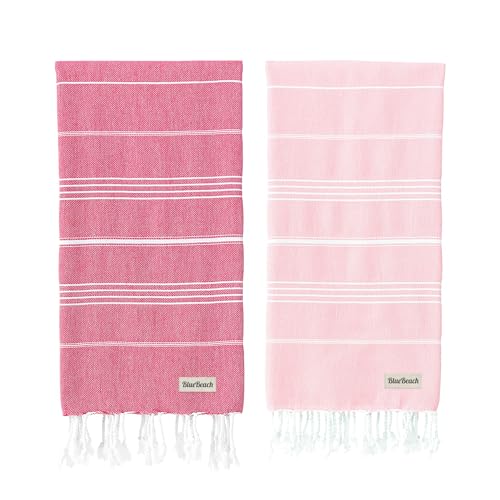 Image of Blue Beach Turkish Towel - Set of 2-100x180cm Large Turkish Hammam Peshtemal Towel - Super Absorbent, Quick Dry, Lightweight, Compact Towels for Swimming, Bath, Gym and Travel (Pink + Fucshia)