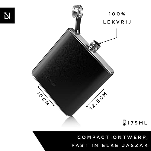 LARS NYSØM Roestvrijstalen heupfles met trechter en afneembaar kunstleren etui 175ml - Image 4