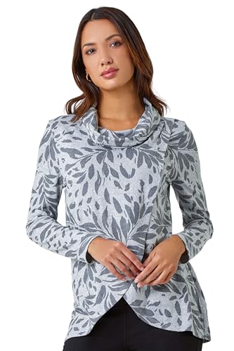 Image of Roman Floral Print Cowl Neck Stretch Top for Women UK Ladies Autumn Everyday Winter Holiday Long Sleeve Soft Wrap Style Comfy All Over Pattern Blouse Day Outs Shirts - Light Grey - Size 18