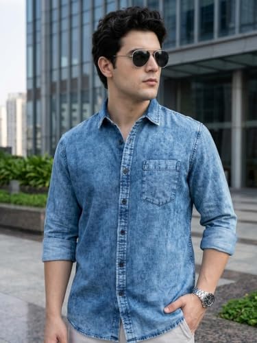 Image of Urbano Fashion Men's Regular Fit Full Sleeve Washed Denim Shirt