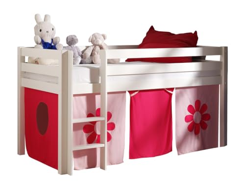 VIPACK PICOHSZG1473 Spielbett Pino mit Textilset Pink Flower, Maße 210 x 114 x 106 cm, Liegefläche 90 x 200 cm, Kiefer massiv weiß lackiert