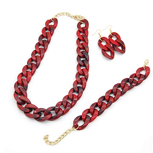 NICEWL 3 Piezas Conjunto de Collares de Declaración para Las Mujeres,Cuello de Gargantilla de Grueso Acrílico con Pendientes Pulsera Conjunto,Moda Suéter Cadena Corta Decoración Joyería,Rojo