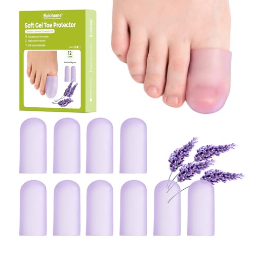 Image of Bukihome Silicone Toe Protectors - 12 Pack Gel Toe Sleeves Toe Protectors - Toe Caps Toe Cushions for Pain Relief, Toe Protection for Corns, Calluses (Lavender, Large)