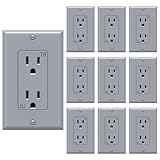 WEBANG Decorator Electrical Wall Outlet Grey, Tamper-Resistant Duplex Receptacle, Residential Grade, 3-Wire, Self-Grounding, 2-Pole, 15A 125V, ETL Listed, 10 Wall Plates Included