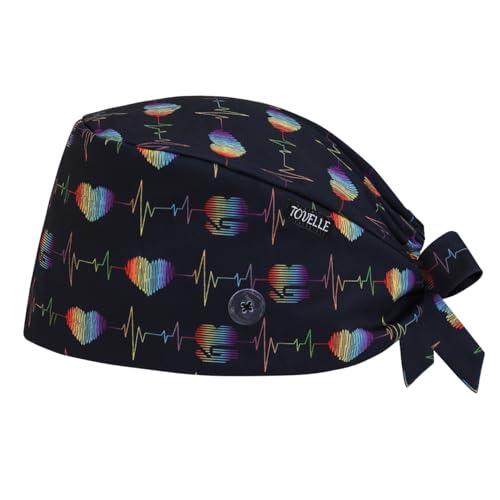 EKG Heartbeat Double-Sided Printed Scrub Caps for Men and Women with Buttons, Adjustable Helps Reduce Static Buildup Medical Hats, Classic and Breathable Surgical Caps with Sweatband for Long Hours