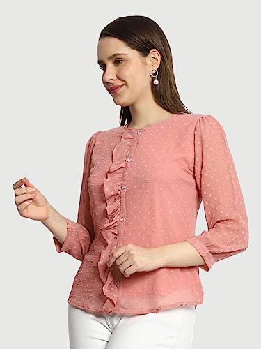 Image of PRETTIFY Women's Regular Fit Solid Embroidery Georgette Waist Length, 3 /4 Sheer Sleeve, Round Neck Casual Wear Western Shirt Top for College /Office Girls