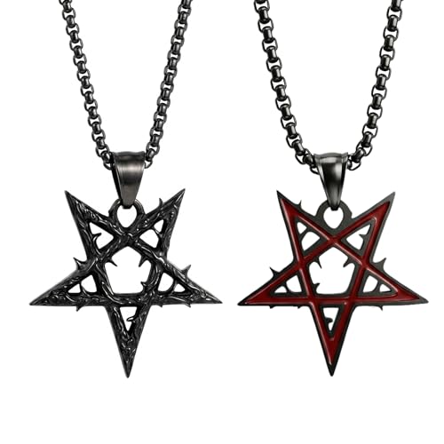 ELFASIO Satanic Pentagram Necklace - Handmade Upside Down Thorn Pentacle Pendant Red/Black Satanism Church Punk Gothic Men Women Jewelry Gifts 22 Satan Goat Necklace