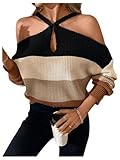 SOLY HUX Fall Sweaters for Women Color Block Cold Shoulder Long Sleeve Pullover Sweater Knit Tops Multicoloured Medium
