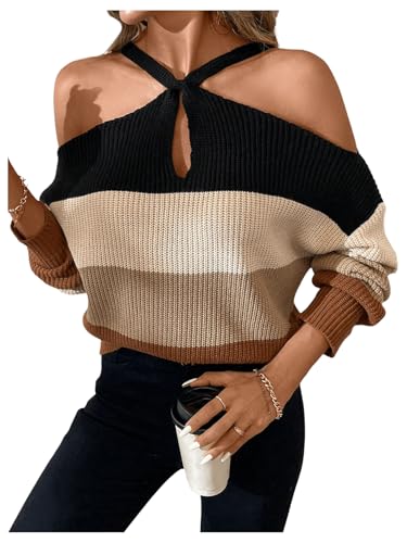 SOLY HUX Fall Sweaters for Women Color Block Cold Shoulder Long Sleeve Pullover Sweater Knit Tops