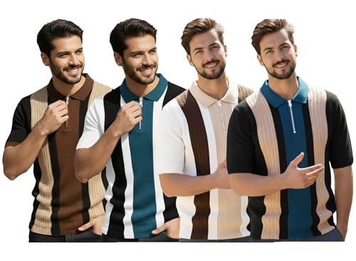 Image of AUSK Men's Textured Vertical Striped Knit Polo T-Shirt | Half Sleeve Zipper Neck Self-Design Casual Tee | Mens Tshirts