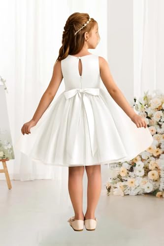 Tulle Flower Girl Dress with 3D Flowers Scoop Neck Bow Knot Birthday Wedding Pageant Formal Midi Satin Dresses3