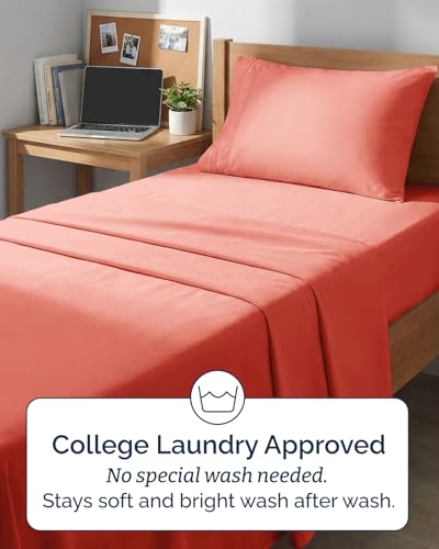 Image of Twin XL 4 Piece Sheet Set - College Dorm Room Essentials - Coral | Ultra Soft Dorm Bedding Set, 8 inch to 16 inch Inch Deep Pockets, 1 Flat & 1 Fitted Sheet & 2 Pillowcases, Wrinkle & Fade Free