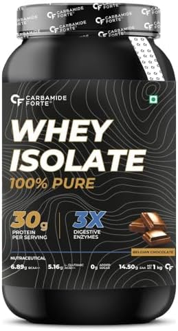 Carbamide Forte Whey Protein Powder Isolate | 100% Pure Protein Powder for Men | 30g Protein | 3X digestive Enzymes | 6.89g BCAA | 14.50g EAA | No added sugar | Belgian Chocolate Flavour - 1Kg