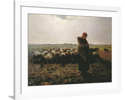 ART.COM Wall Art Print Shepherdess with Her Flock on White Frame by Jean-Fran?ois Millet, 40" x 32"
