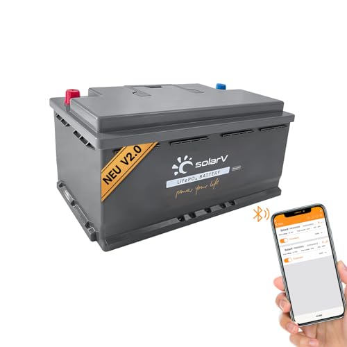 SolarV Batería LiFePO4 12V 100Ah con 100A BMS y Bluetooth para sistema solar, autocaravana, barco, hogar, camping, 10 años de vida útil, reemplazo ideal para baterías AGM de plomo-ácido