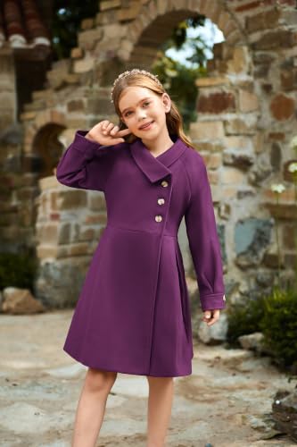 Image of GRACE KARIN Girls Dress Coat Kids Wool Lapel Long Button Jackets Fall Winter Outerwear Peacoat with Pockets 5-12Y